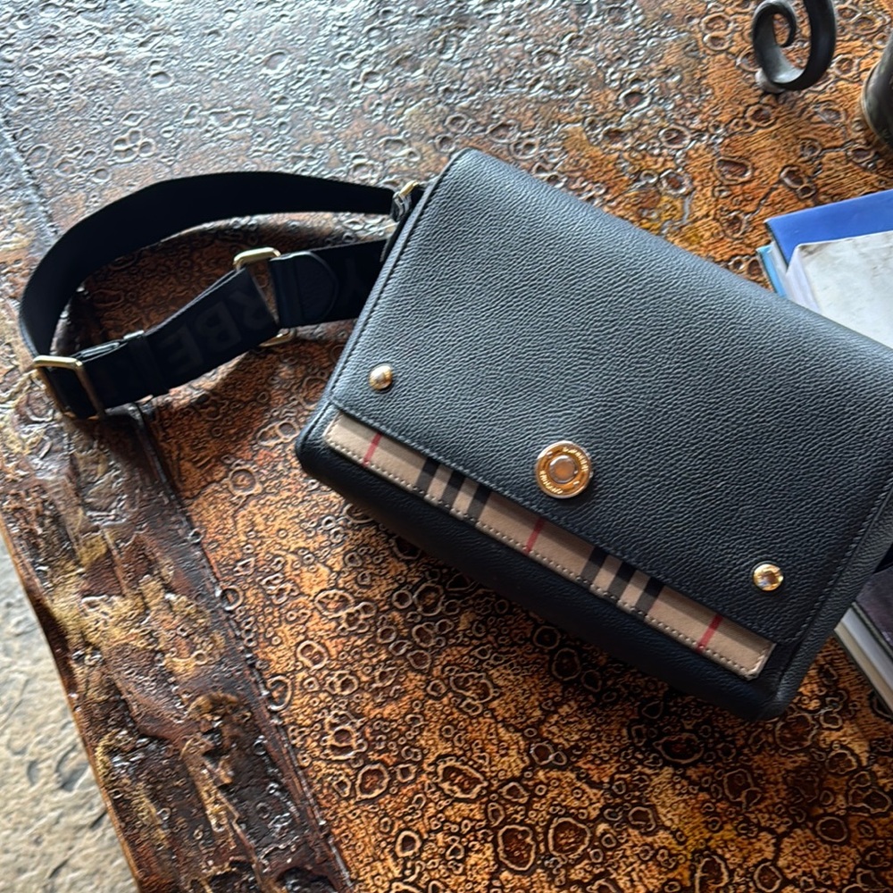 Burberry Black Crossbody Bag with Vintage Check Trim and matching wallet.